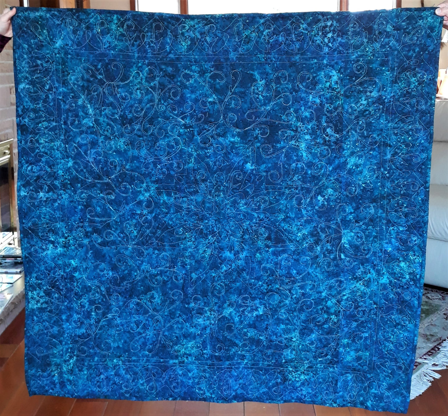 Sold Out Batik Blue Medallion Quilt Wall Hanging or Lap Quilt, 52 x 52 inches, pink, lavender, purple, cream