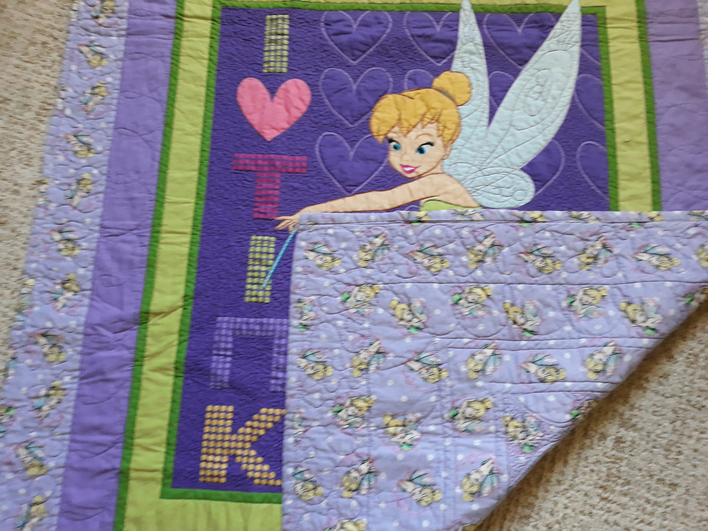 Sold Out I Love Tink Panel - Fairy Tinker Bell - Baby Toddler Soft Quilt Blanket larger 42 x 47 inches size, Bold colors, purples and greens
