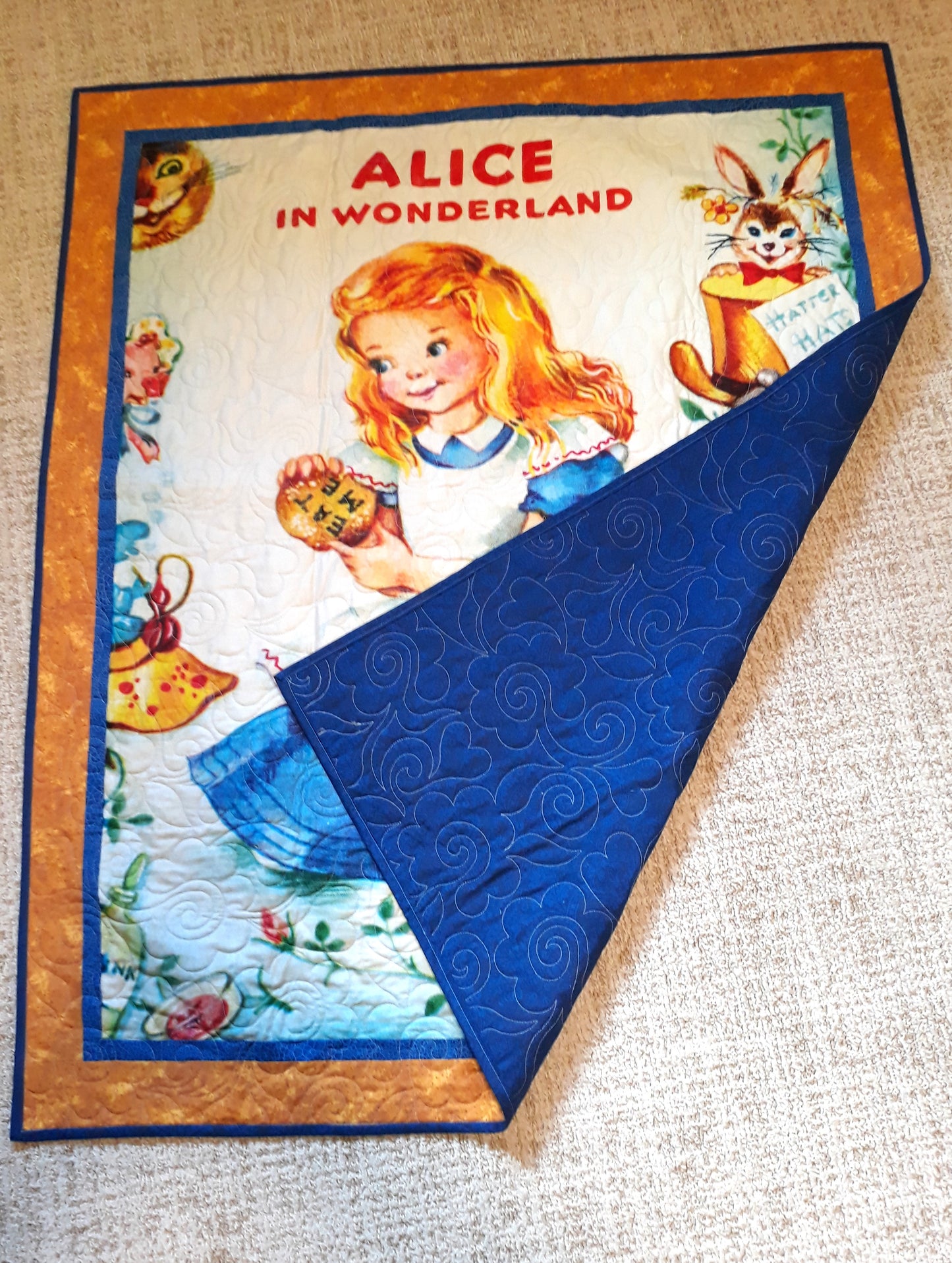 Sold Out Retro Golden Book Alice in Wonderland Quilt Wall Hanging, Playmat Baby / Toddler Size 41 x 49 inches blue, gold w Floral Swirl Quilt Pattern