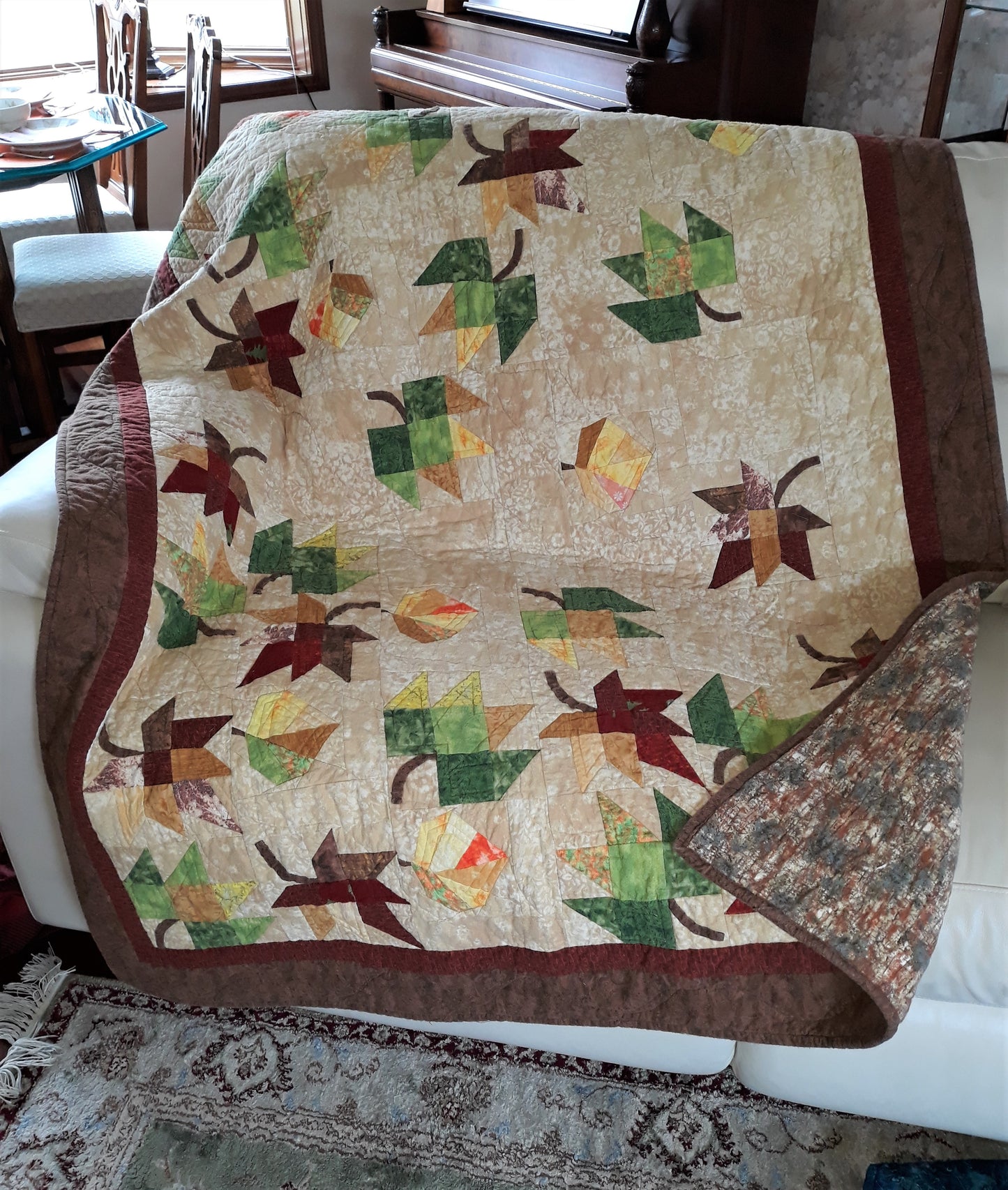 Sold Out Flannel Lap Quilt Falling Leaves, browns and beiges,100% cotton flannel, 54 x 70 inches, fall autumn leaves