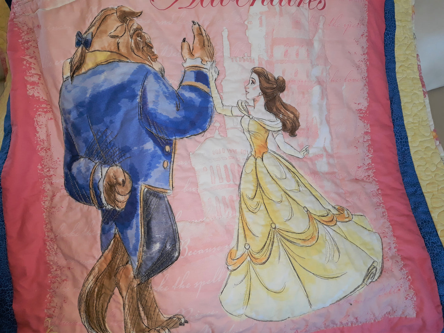 Beauty and the Beast Belle Panel Quilt / Blanket / Playmat - For Baby or Toddler - Large size 44 x 50 inches - Baby Shower Gift Yellows Blues Pink