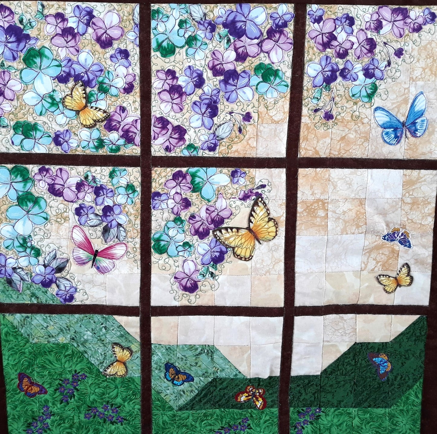 Blooms and Butterflies Garden Window Landscape Art Quilt Hanging 26 x 26 inches - window pane, rolling hills, flowers, butterflies