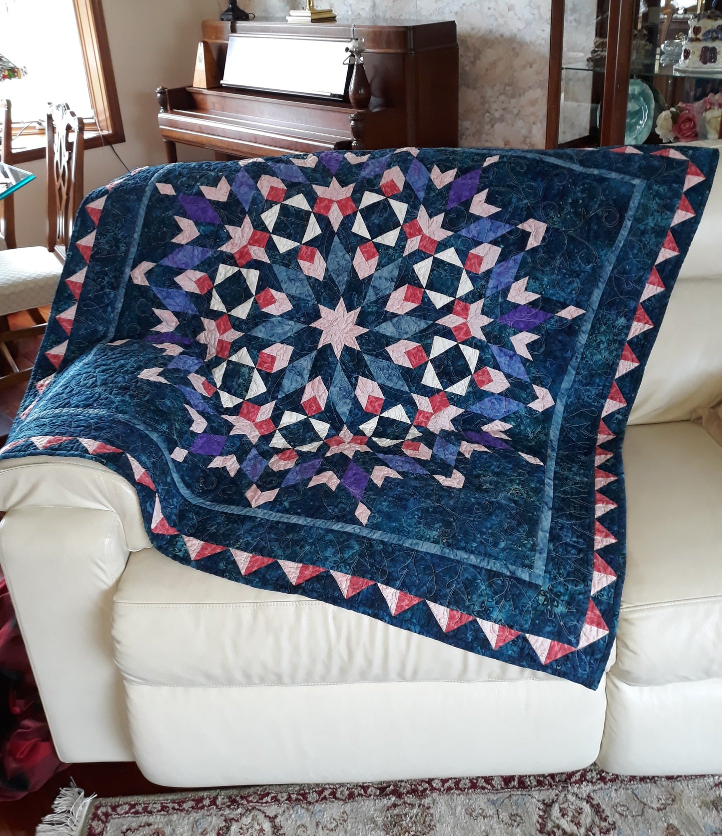 Sold Out Batik Blue Medallion Quilt Wall Hanging or Lap Quilt, 52 x 52 inches, pink, lavender, purple, cream