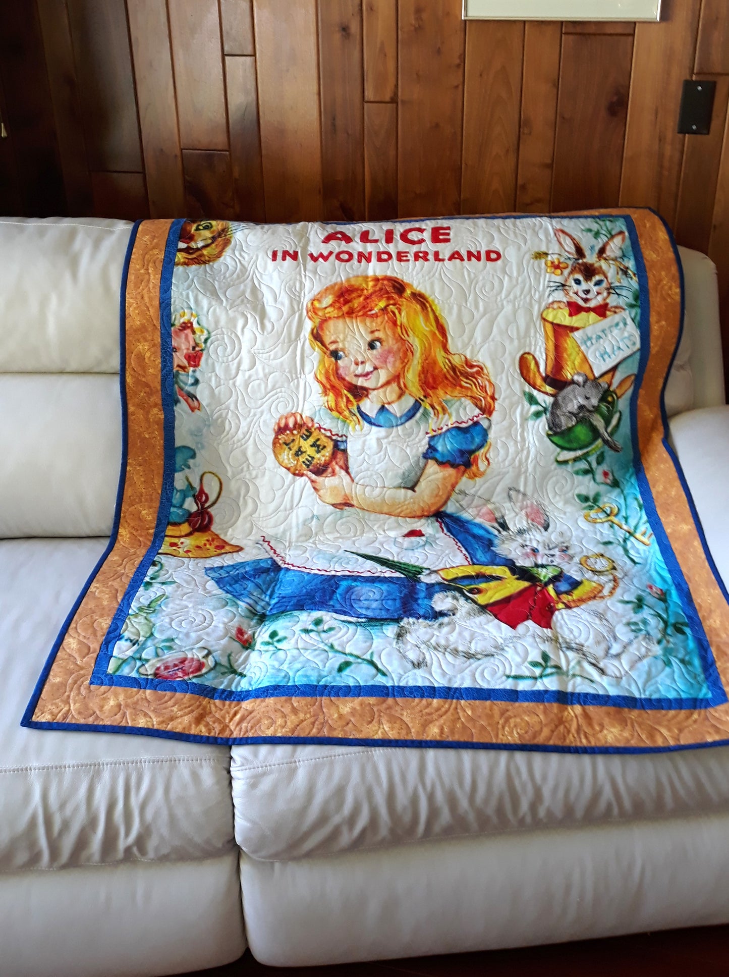 Sold Out Retro Golden Book Alice in Wonderland Quilt Wall Hanging, Playmat Baby / Toddler Size 41 x 49 inches blue, gold w Floral Swirl Quilt Pattern