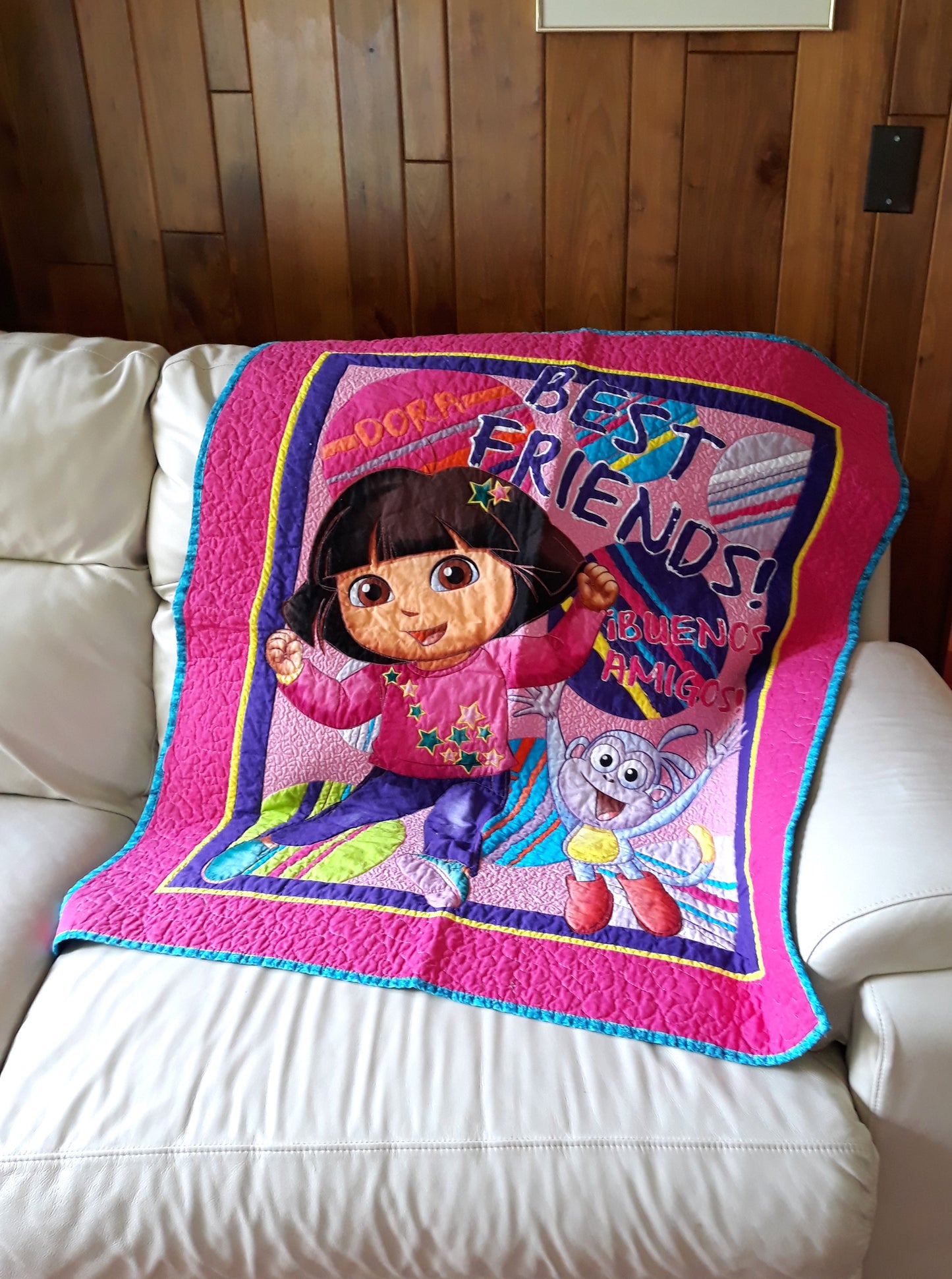 Dora the Explorer Panel Quilt Blanket Playmat for Baby / Toddler - with Boots 34 x 41 inches - pink purple teal - Best Friends / Buenos Amigos