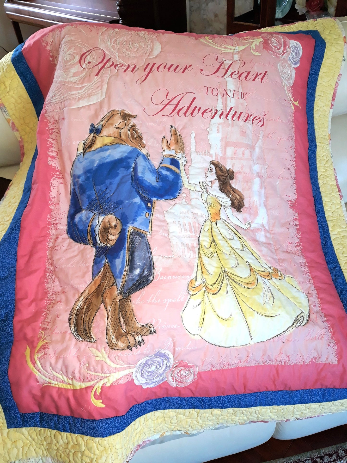 Beauty and the Beast Belle Panel Quilt / Blanket / Playmat - For Baby or Toddler - Large size 44 x 50 inches - Baby Shower Gift Yellows Blues Pink