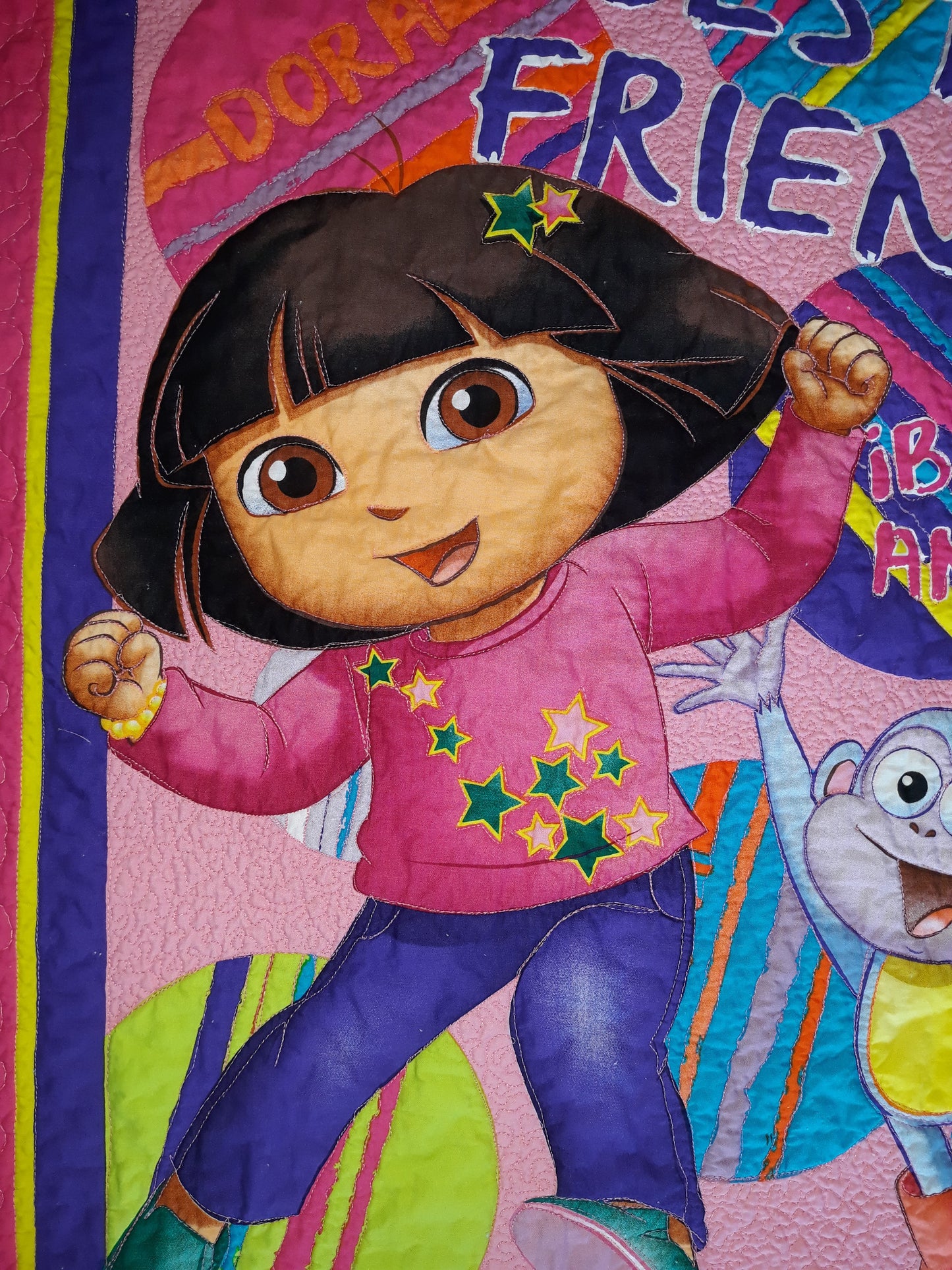 Dora the Explorer Panel Quilt Blanket Playmat for Baby / Toddler - with Boots 34 x 41 inches - pink purple teal - Best Friends / Buenos Amigos