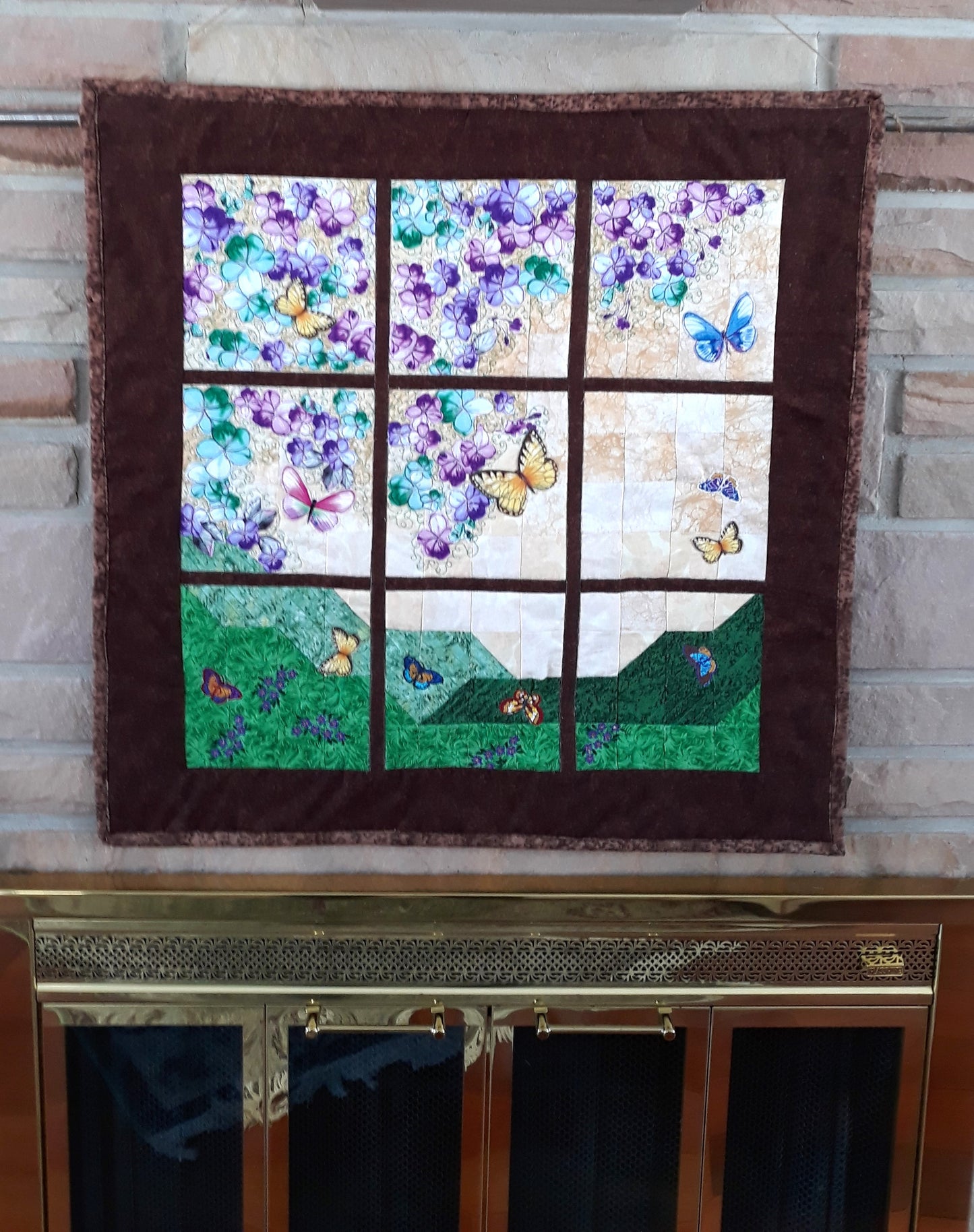 Blooms and Butterflies Garden Window Landscape Art Quilt Hanging 26 x 26 inches - window pane, rolling hills, flowers, butterflies