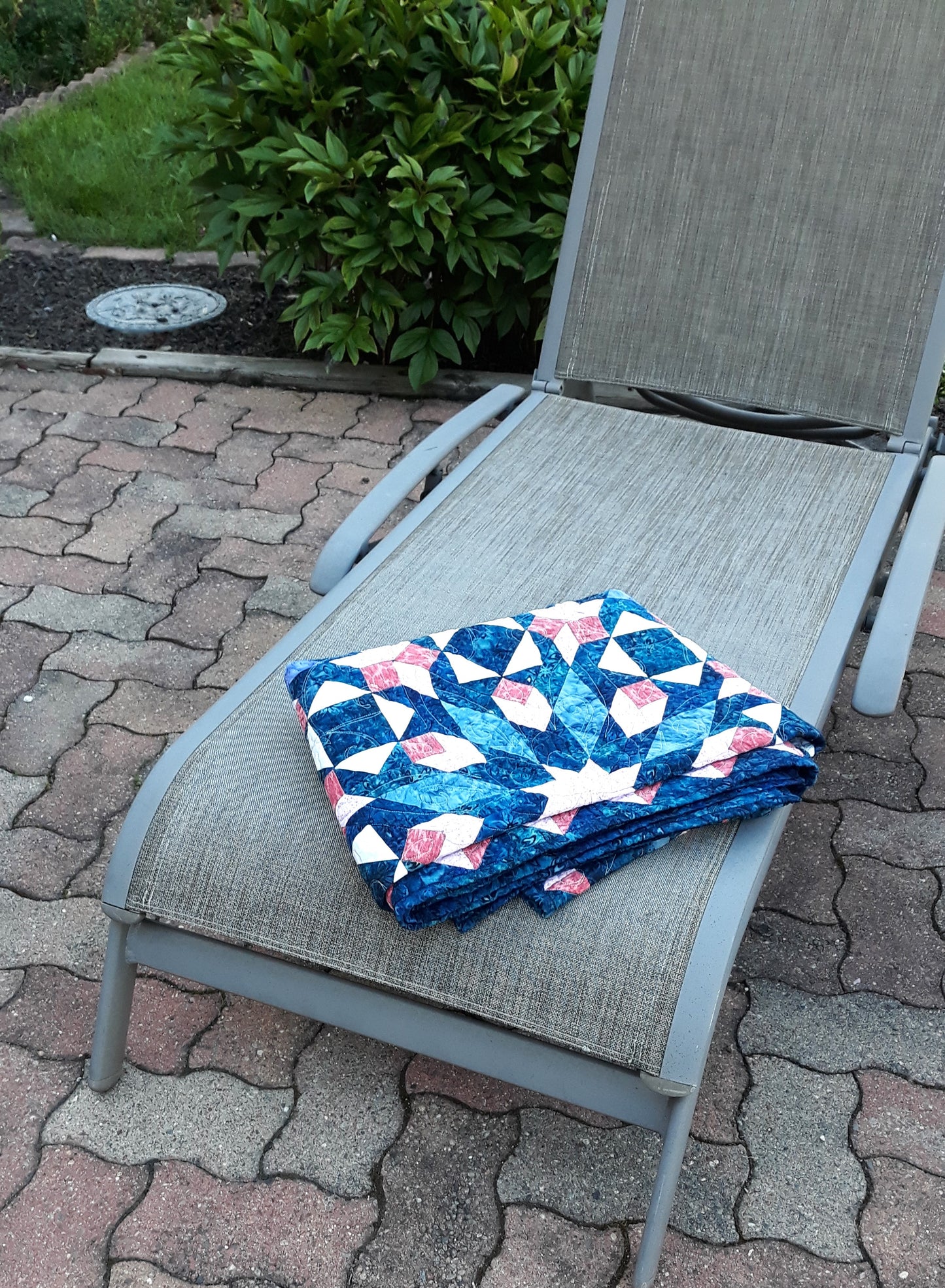 Sold Out Batik Blue Medallion Quilt Wall Hanging or Lap Quilt, 52 x 52 inches, pink, lavender, purple, cream