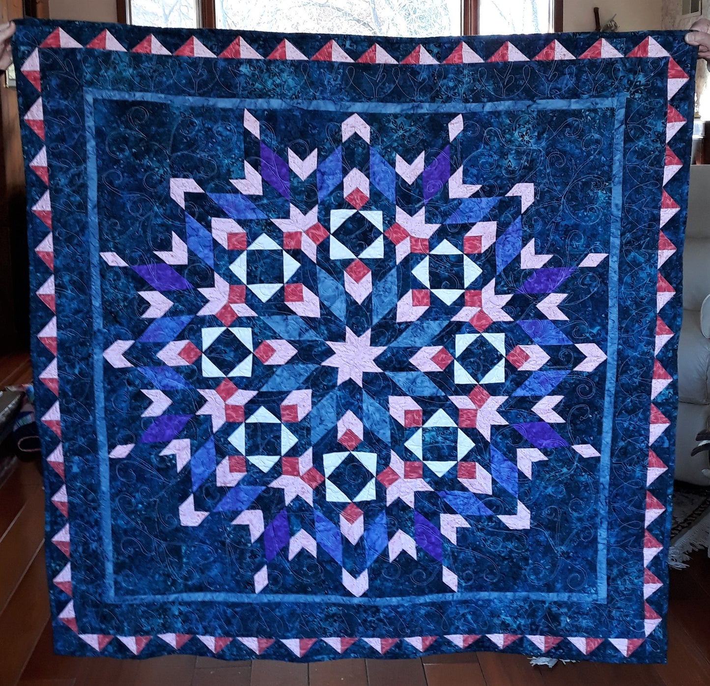 Sold Out Batik Blue Medallion Quilt Wall Hanging or Lap Quilt, 52 x 52 inches, pink, lavender, purple, cream