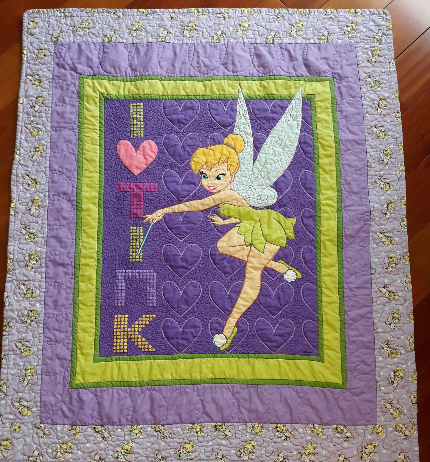 Sold Out I Love Tink Panel - Fairy Tinker Bell - Baby Toddler Soft Quilt Blanket larger 42 x 47 inches size, Bold colors, purples and greens