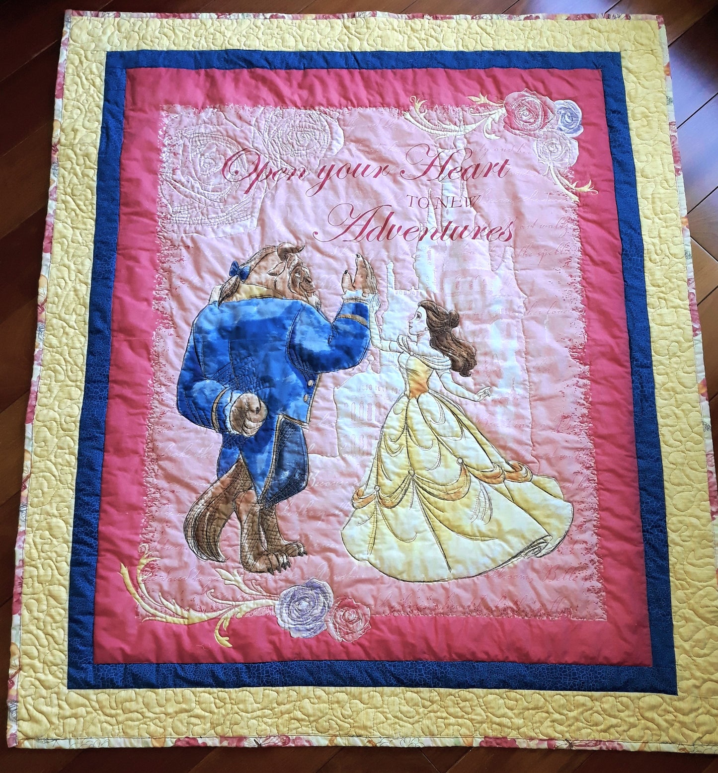 Beauty and the Beast Belle Panel Quilt / Blanket / Playmat - For Baby or Toddler - Large size 44 x 50 inches - Baby Shower Gift Yellows Blues Pink