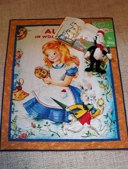 Sold Out Retro Golden Book Alice in Wonderland Quilt Wall Hanging, Playmat Baby / Toddler Size 41 x 49 inches blue, gold w Floral Swirl Quilt Pattern