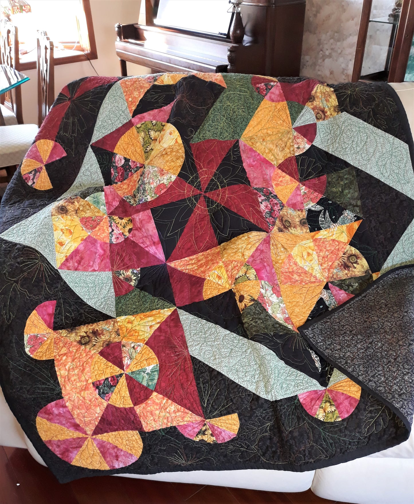 Contemporary Geometric / Floral Quilt, Wall Hanging,  Abstract and Modern Flowers and Leaves bound by a floating rectangle,  54 x 62 inches