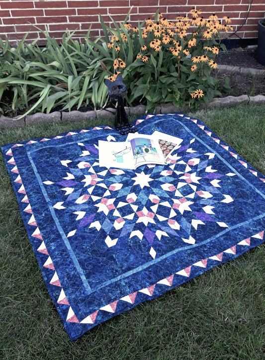 Sold Out Batik Blue Medallion Quilt Wall Hanging or Lap Quilt, 52 x 52 inches, pink, lavender, purple, cream