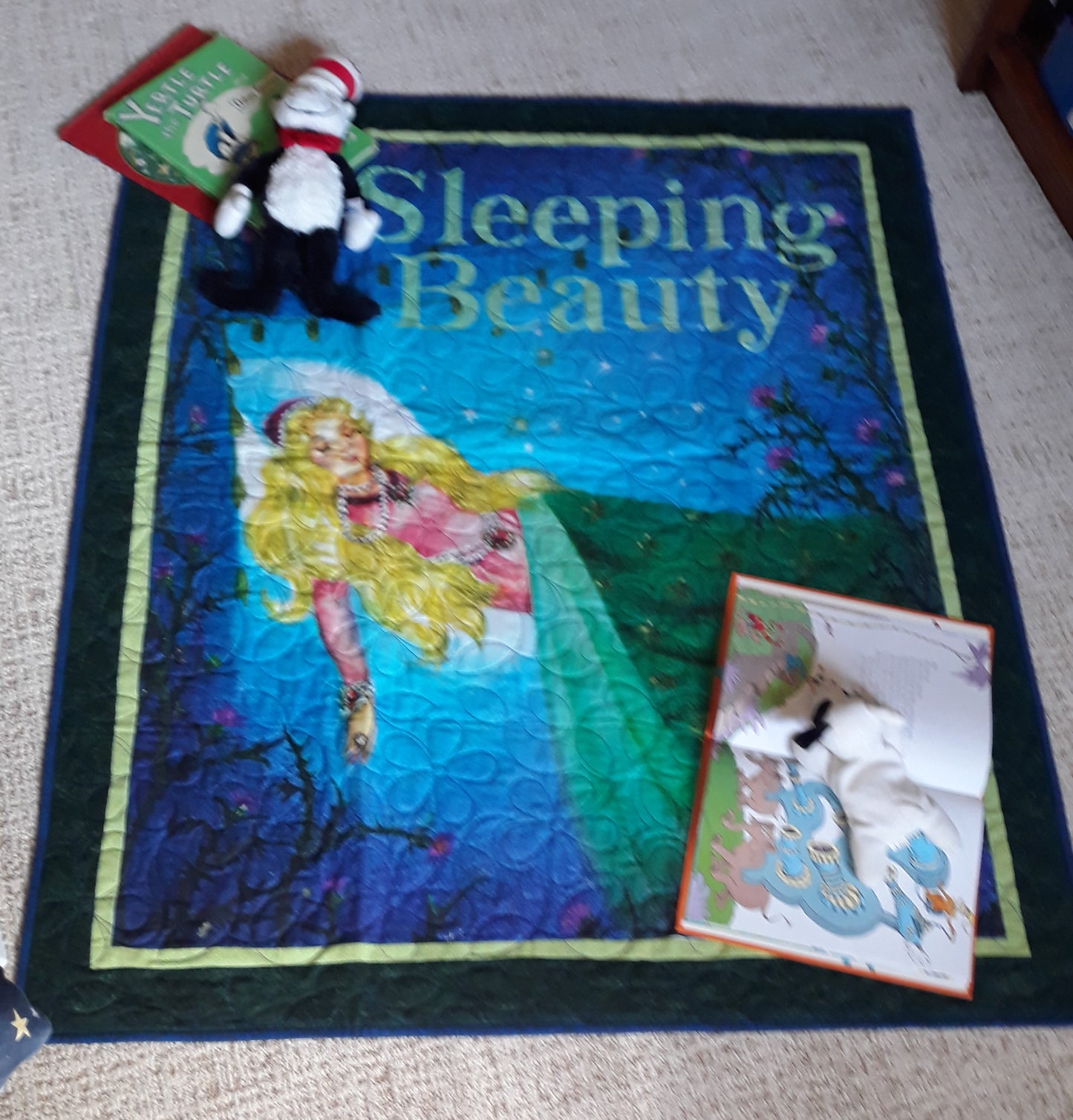 Retro Golden Book Sleeping Beauty Quilt, Wall Hanging, Playmat Baby / Toddler Size 41 x 49 inches blues w Floral Quilt Pattern