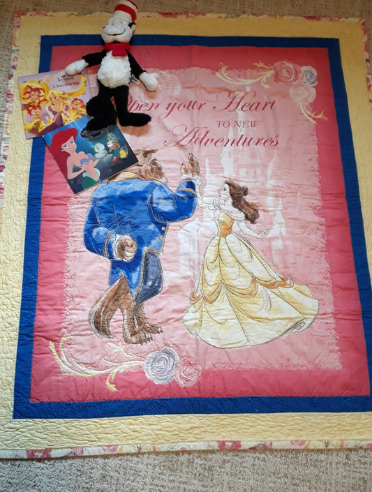 Beauty and the Beast Belle Panel Quilt / Blanket / Playmat - For Baby or Toddler - Large size 44 x 50 inches - Baby Shower Gift Yellows Blues Pink