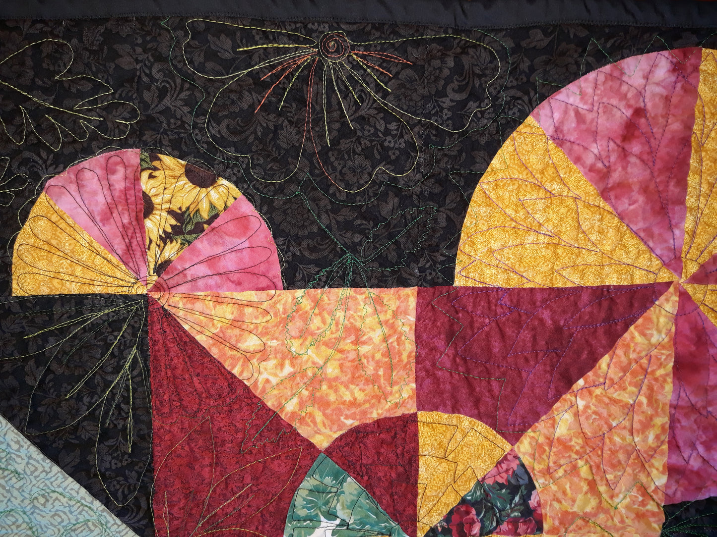 Contemporary Geometric / Floral Quilt, Wall Hanging,  Abstract and Modern Flowers and Leaves bound by a floating rectangle,  54 x 62 inches