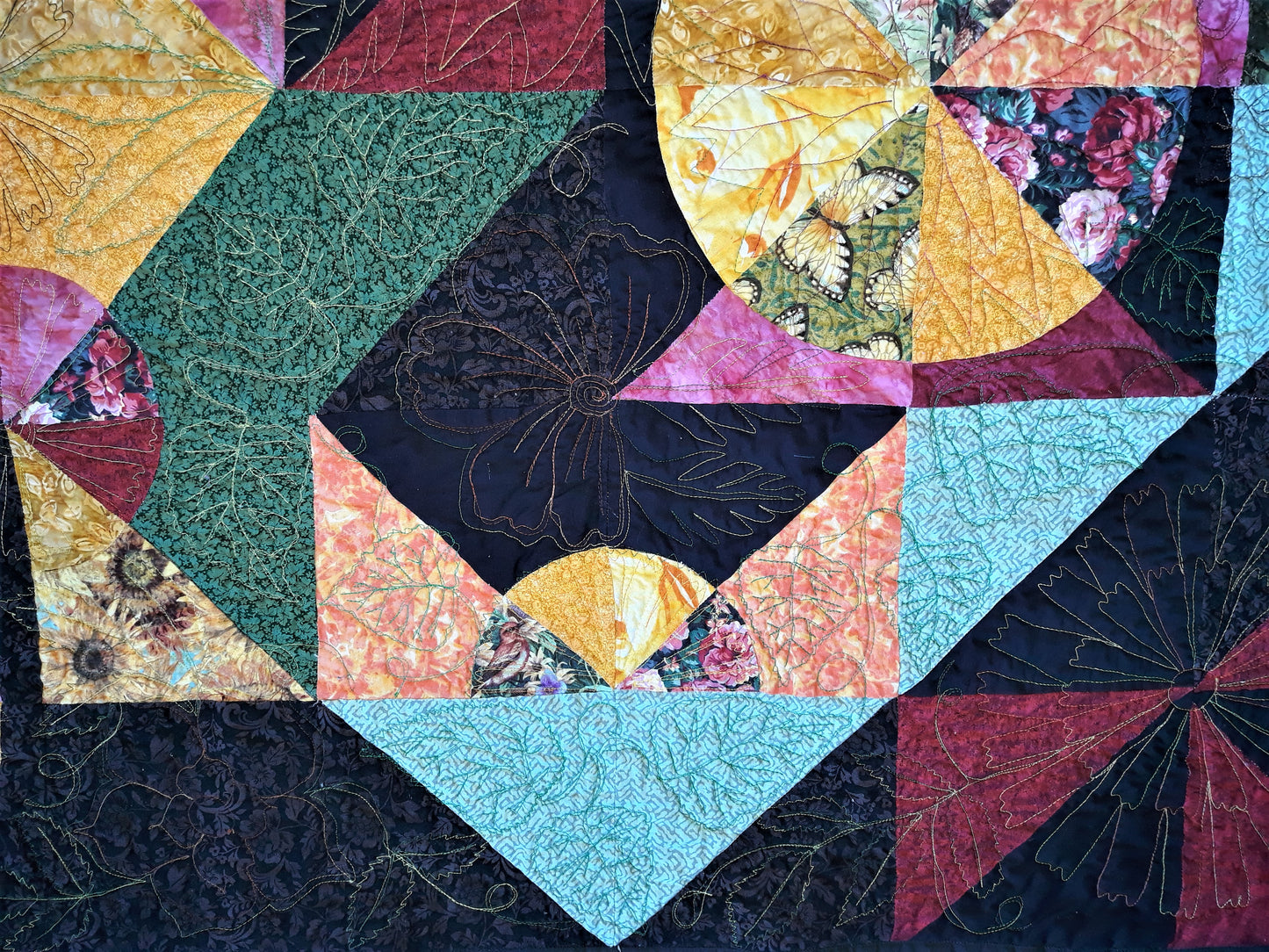 Contemporary Geometric / Floral Quilt, Wall Hanging,  Abstract and Modern Flowers and Leaves bound by a floating rectangle,  54 x 62 inches