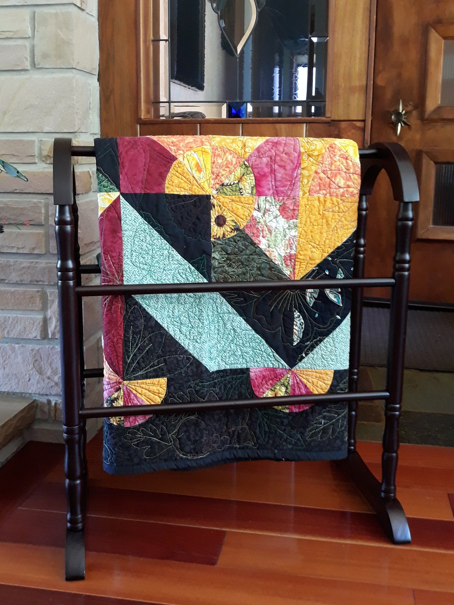 Contemporary Geometric / Floral Quilt, Wall Hanging,  Abstract and Modern Flowers and Leaves bound by a floating rectangle,  54 x 62 inches