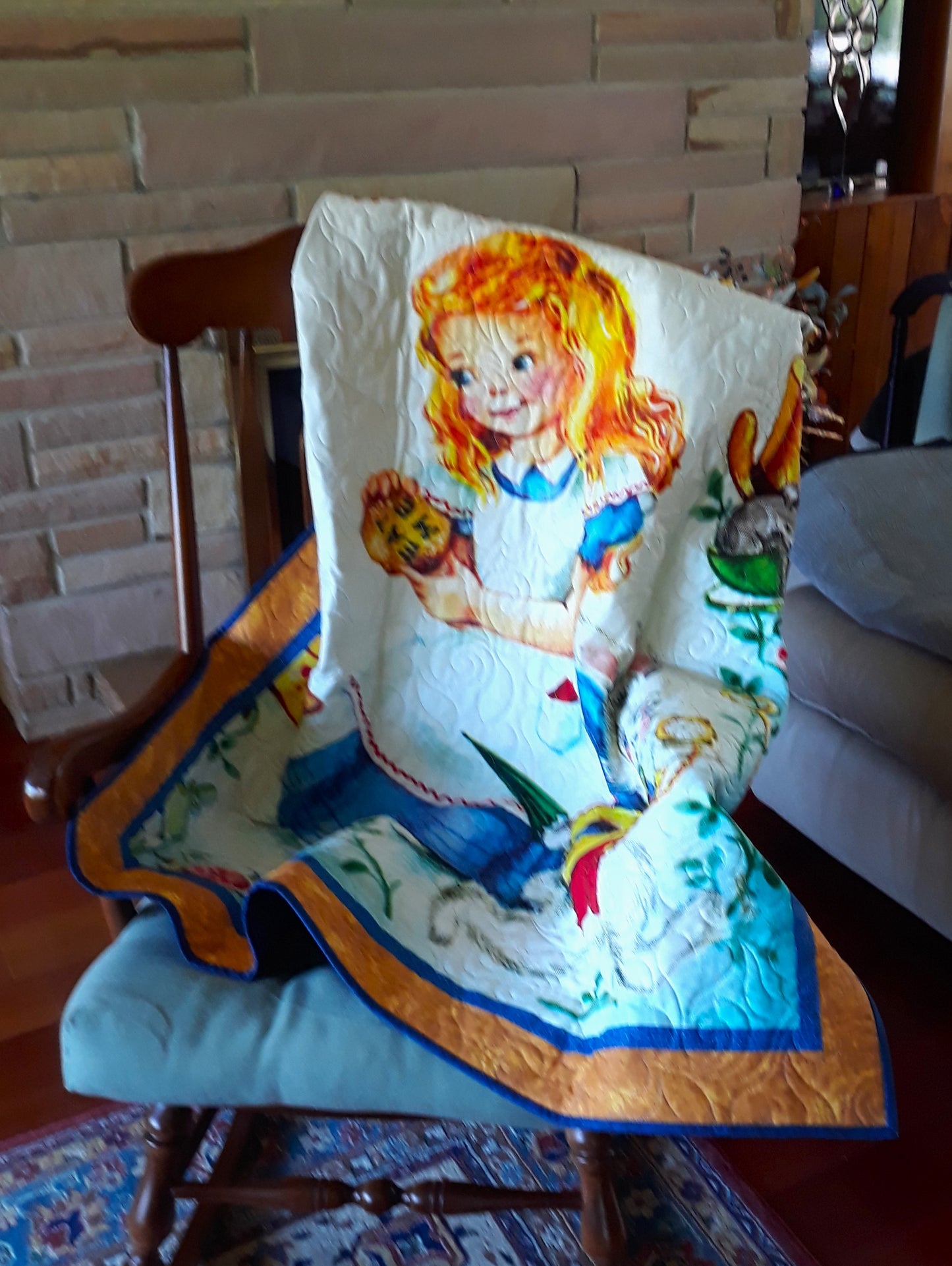 Sold Out Retro Golden Book Alice in Wonderland Quilt Wall Hanging, Playmat Baby / Toddler Size 41 x 49 inches blue, gold w Floral Swirl Quilt Pattern