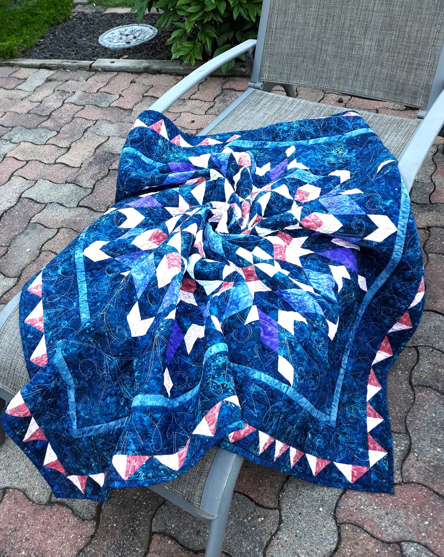 Sold Out Batik Blue Medallion Quilt Wall Hanging or Lap Quilt, 52 x 52 inches, pink, lavender, purple, cream